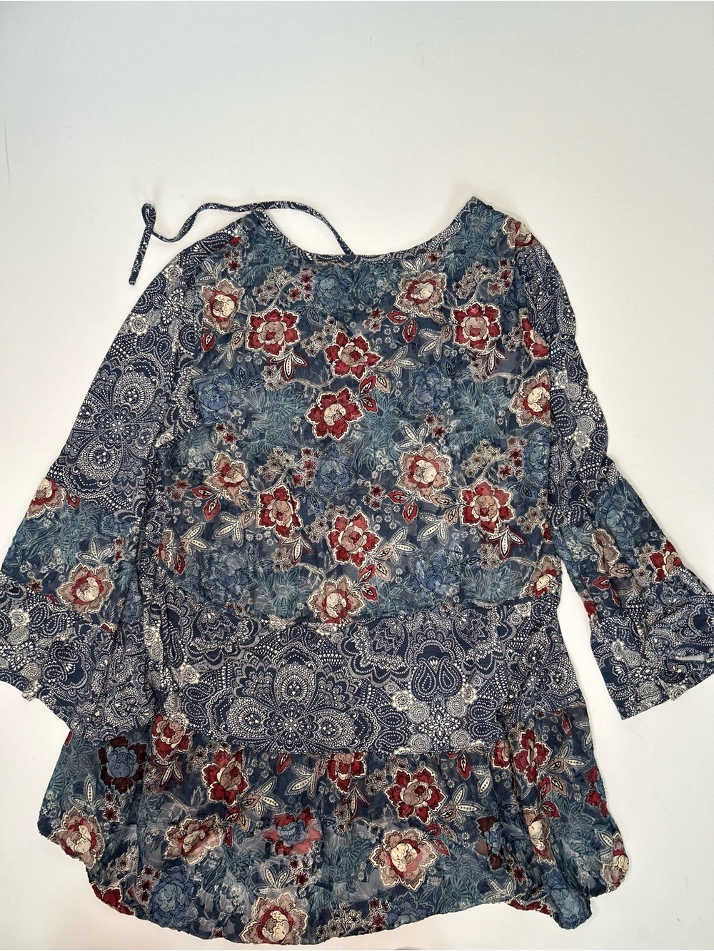 Cupio Boho Mixed Floral Paisley Split Neck Peasant Blouse 3/4 Bell Sleeve - Picture 8 of 8